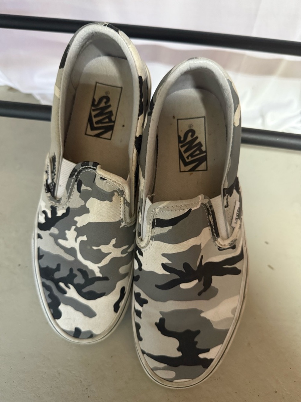 Vans Slip-On Camo Canvas Shoes in Gray, Black, White